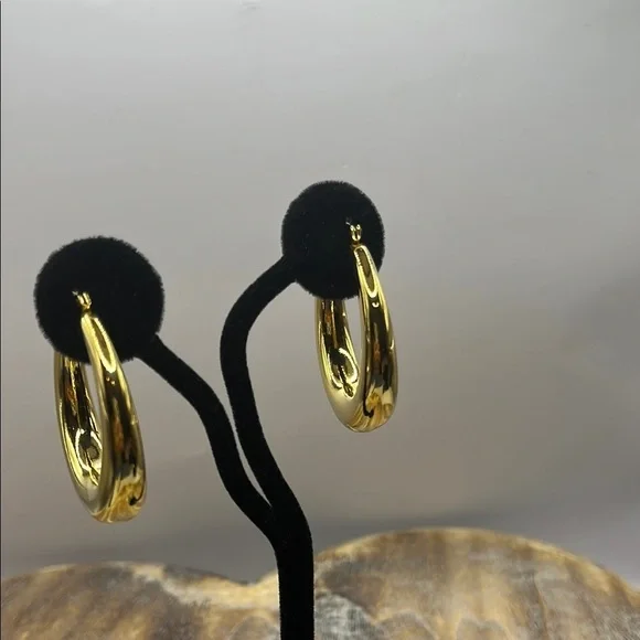 Sleek Gold Hoop Earrings with Modern Design 1 1/2” Round. Gold Tone Earrings - Picture 9 of 10